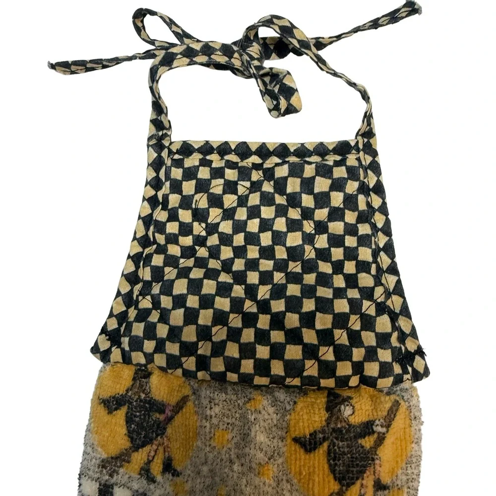 Halloween Fall Hanging Kitchen Towel Quilted Checker Tie Top Witch Pumpkin VTG